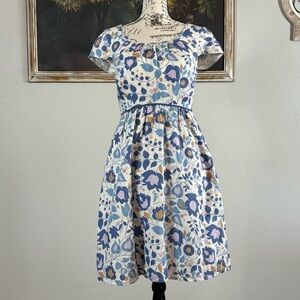 Boden Womens Blue Floral Linen Cap Sleeve Fit & Flare Dress Size 2R